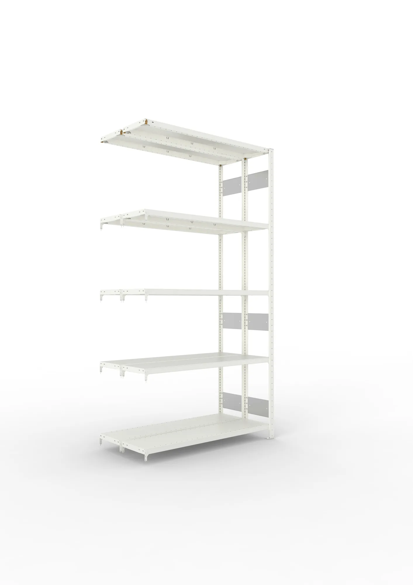 META CLIP S3 | Fachbodenregal | Doppel-Anbauregal | 2500 x 1300 x 300 mm | Fachlast 230 kg | 4+1 Ebenen | Längsriegel | RAL 7035