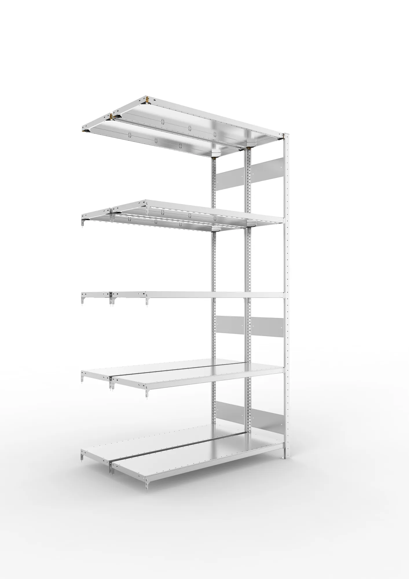 META CLIP S3 | Fachbodenregal | Doppel-Anbauregal | 2500 x 1300 x 400 mm | Fachlast 230 kg | 4+1 Ebenen | Längsriegel | verzinkt