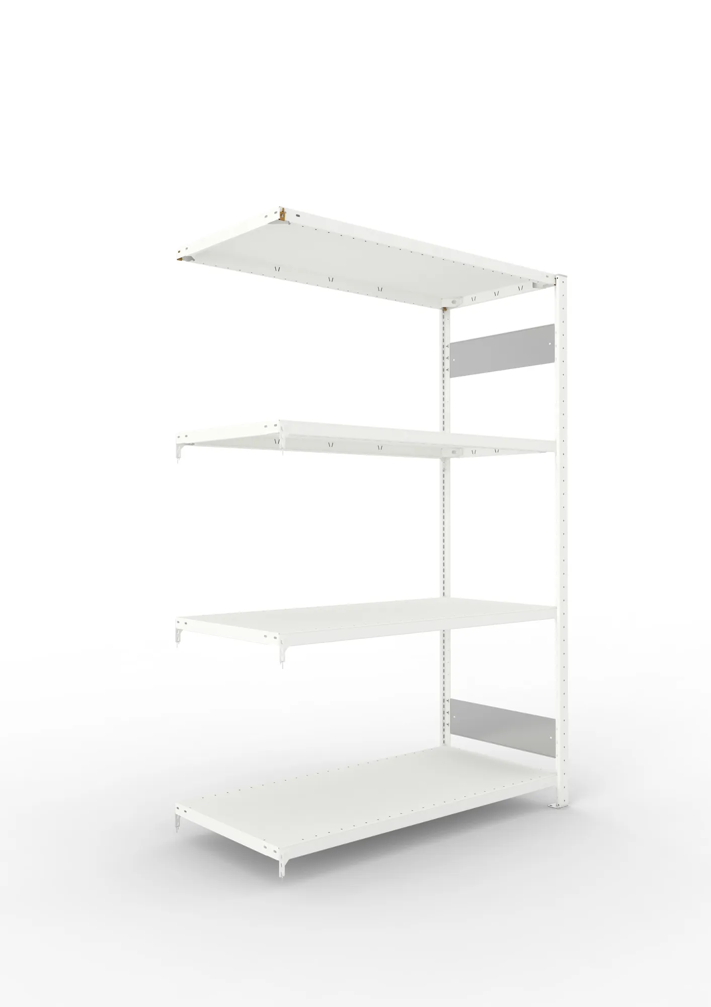 META CLIP S3 | Fachbodenregal | Anbauregal | 2000 x 1300 x 600 mm | Fachlast 230 kg | 3+1 Ebenen | Längsriegel | RAL 7035