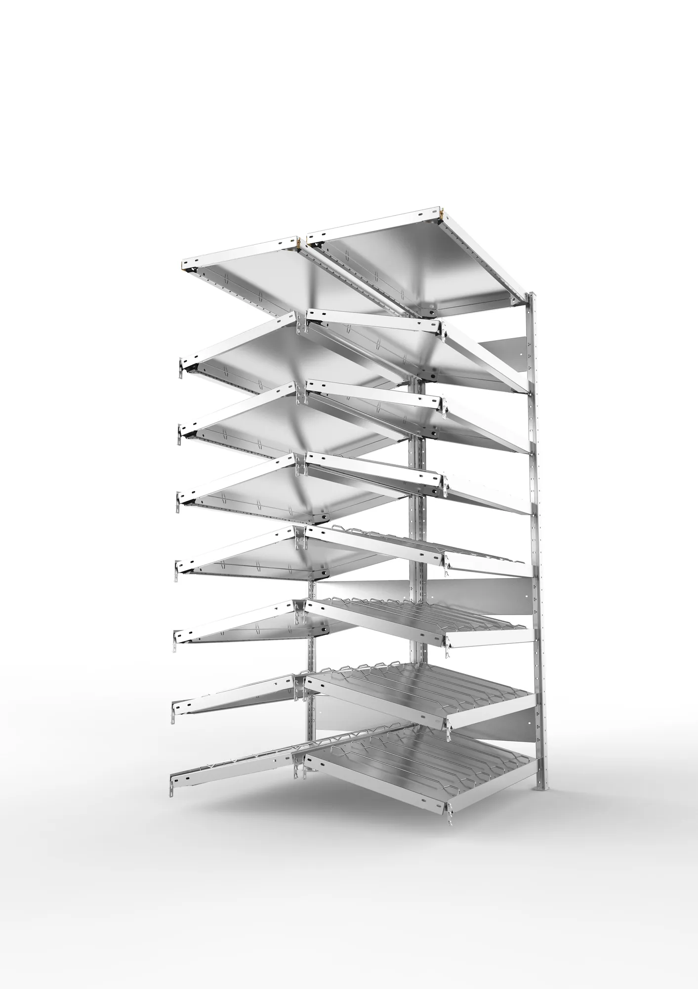 META CLIP S3 | Schrägbodenregal | Doppel-Anbauregal | 2000 x 1000 x 500 mm | Fachlast 230 kg | 7+1 Ebenen | verzinkt