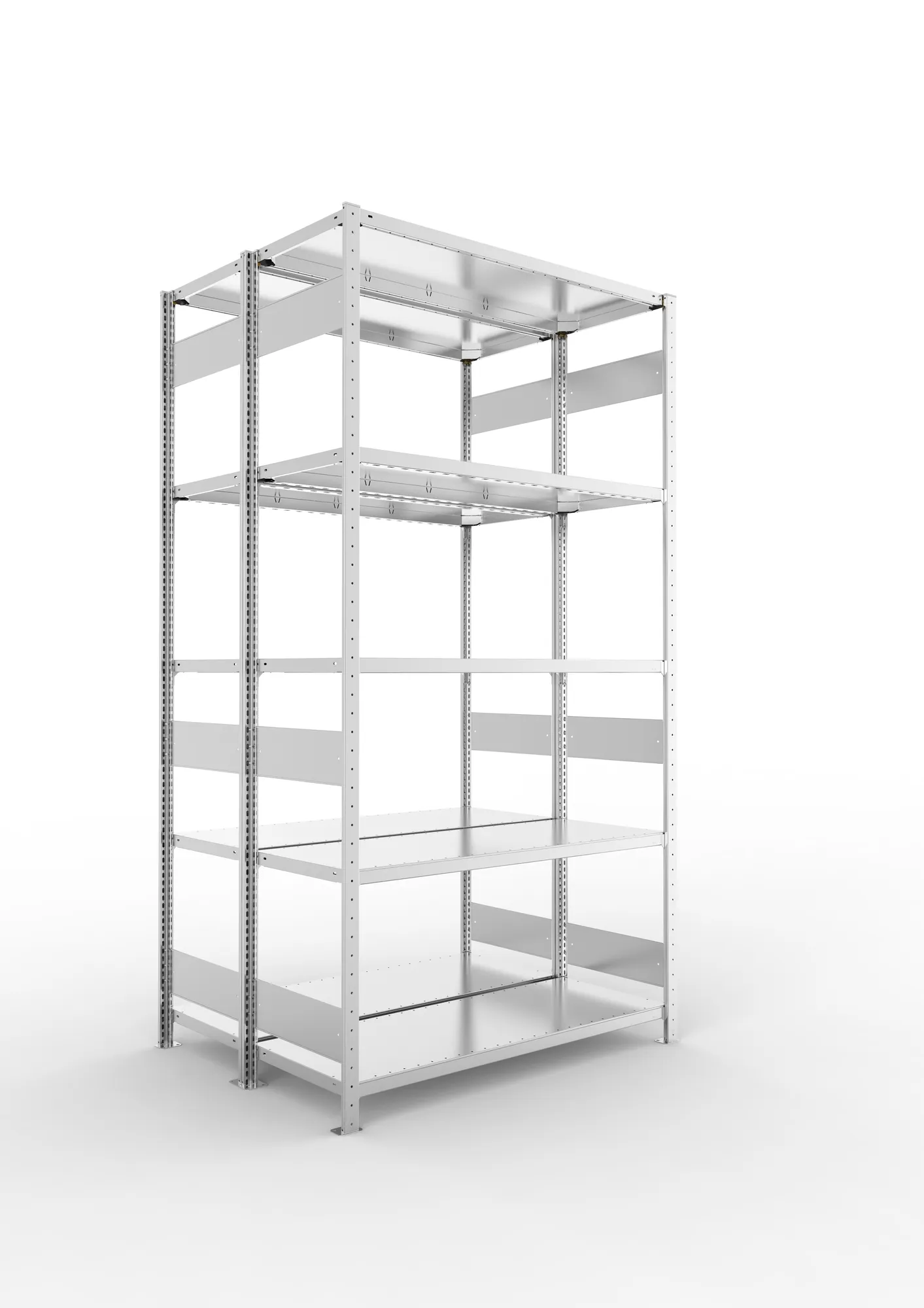 META CLIP S3 | Fachbodenregal | Doppel-Grundregal | 2500 x 1300 x 500 mm | Fachlast 230 kg | 4+1 Ebenen | Längsriegel | verzinkt