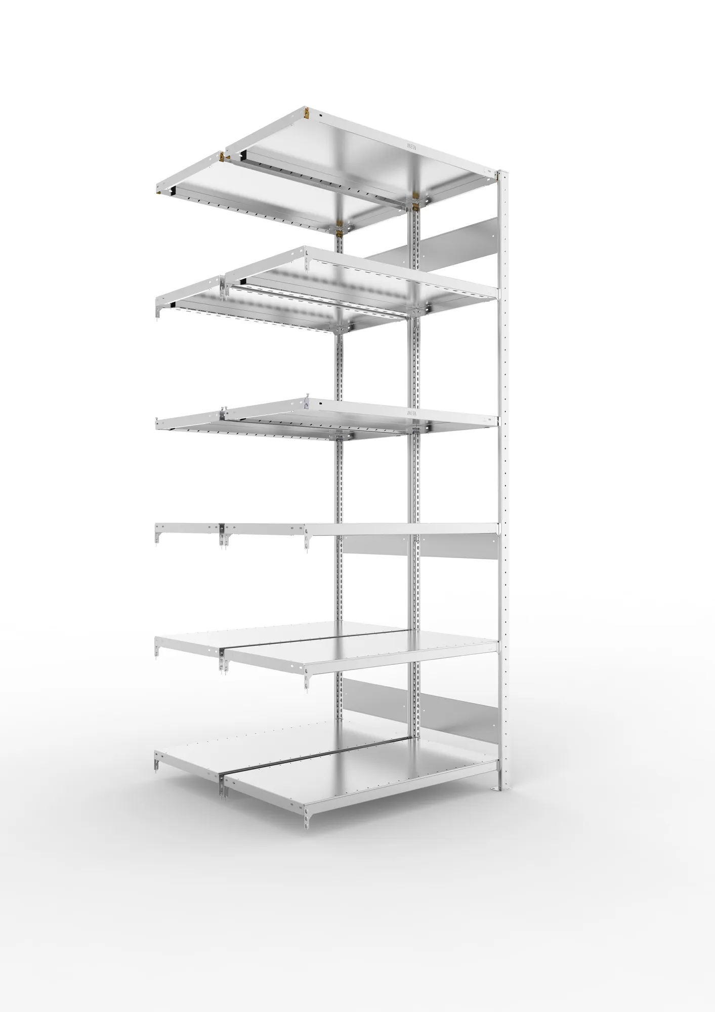 META CLIP S3 | Fachbodenregal | Doppel-Anbauregal | 2500 x 1000 x 500 mm | Fachlast 230 kg | 5+1 Ebenen | Längsriegel | verzinkt