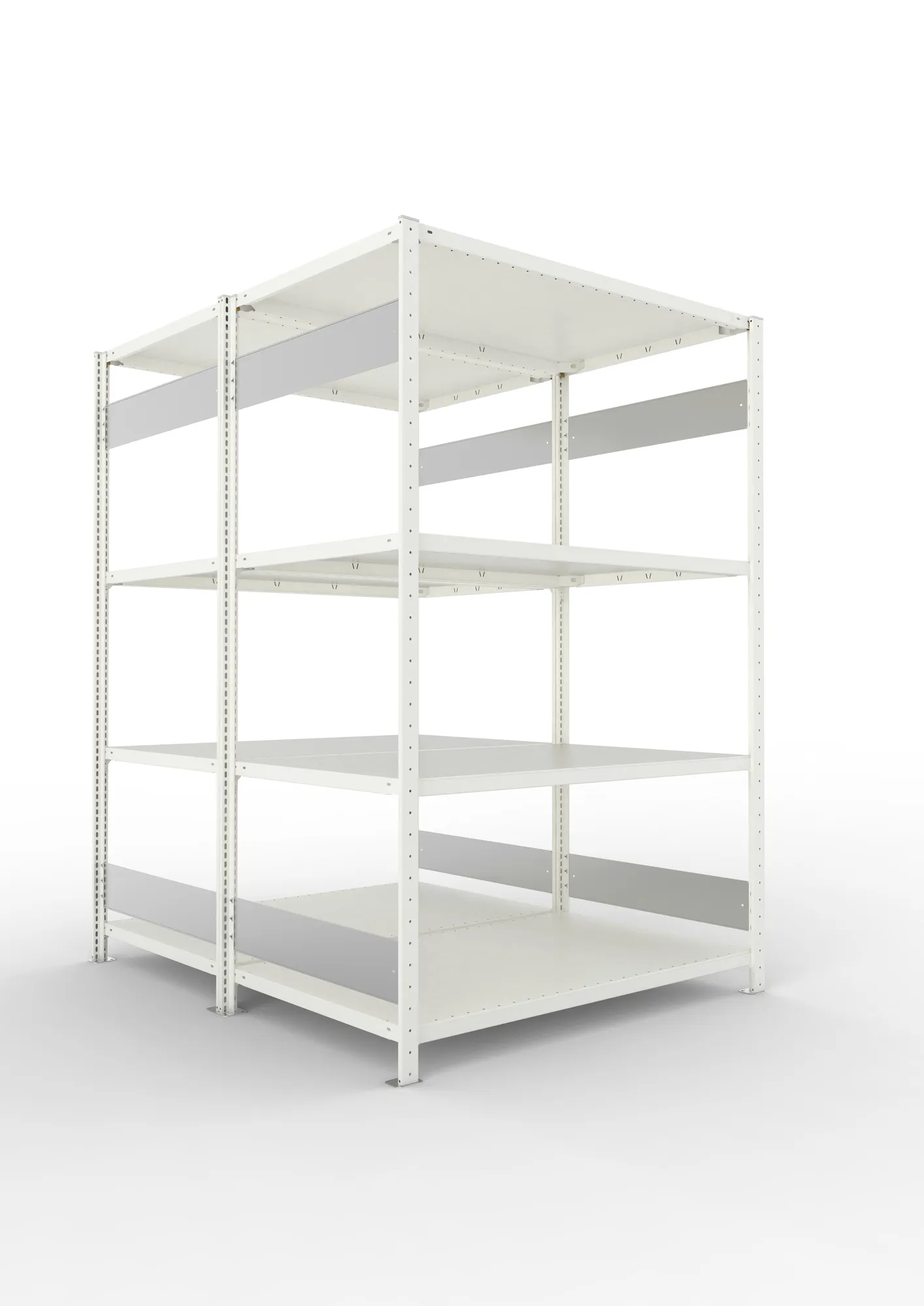 META CLIP S3 | Fachbodenregal | Doppel-Grundregal | 2000 x 1300 x 800 mm | Fachlast 230 kg | 3+1 Ebenen | Längsriegel | RAL 7035