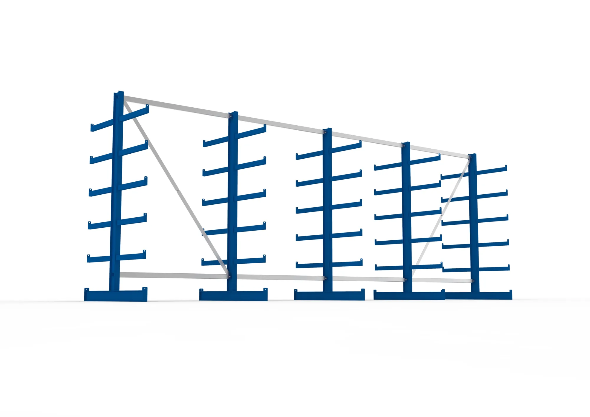 META ATLAS ST | Kragarmregal | 4 Felder | 2000 x 5400 x 500 mm | Armlast 200 kg | doppelseitig | 5+1 Ebenen | RAL 5010