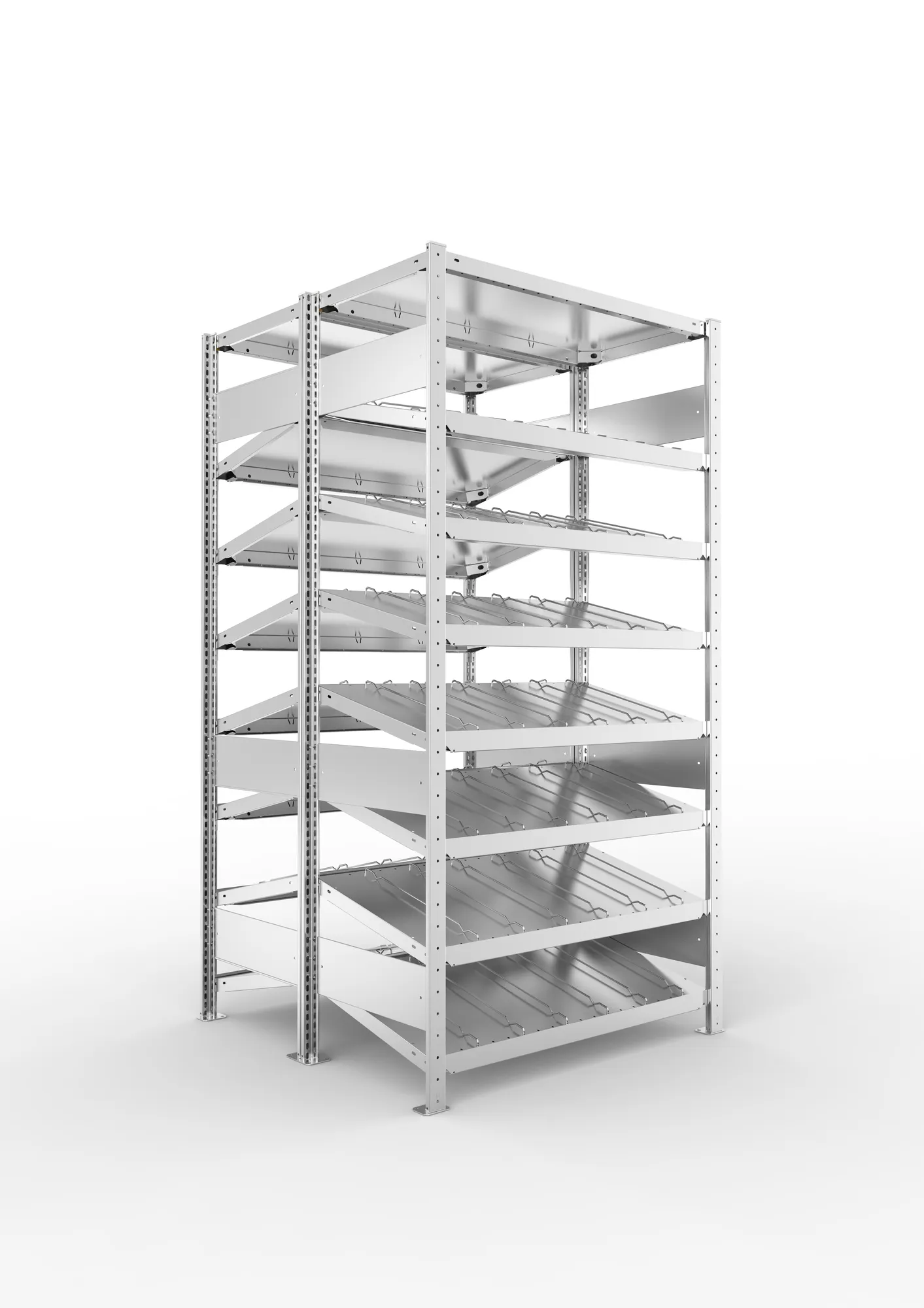 META CLIP S3 | Schrägbodenregal | Doppel-Grundregal | 2000 x 1000 x 500 mm | Fachlast 230 kg | 7+1 Ebenen | verzinkt