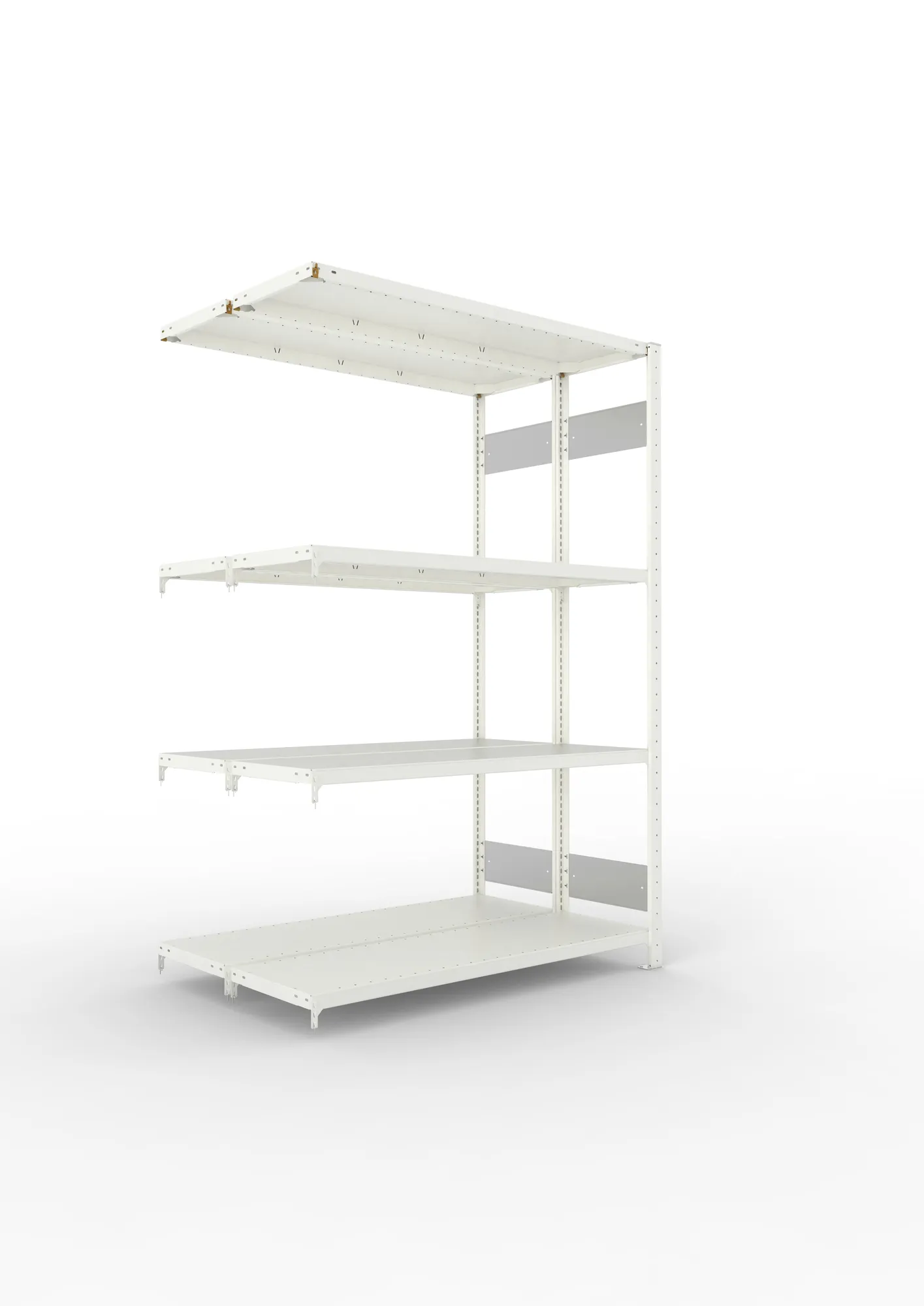 META CLIP S3 | Fachbodenregal | Doppel-Anbauregal | 2000 x 1300 x 400 mm | Fachlast 230 kg | 3+1 Ebenen | Längsriegel | RAL 7035