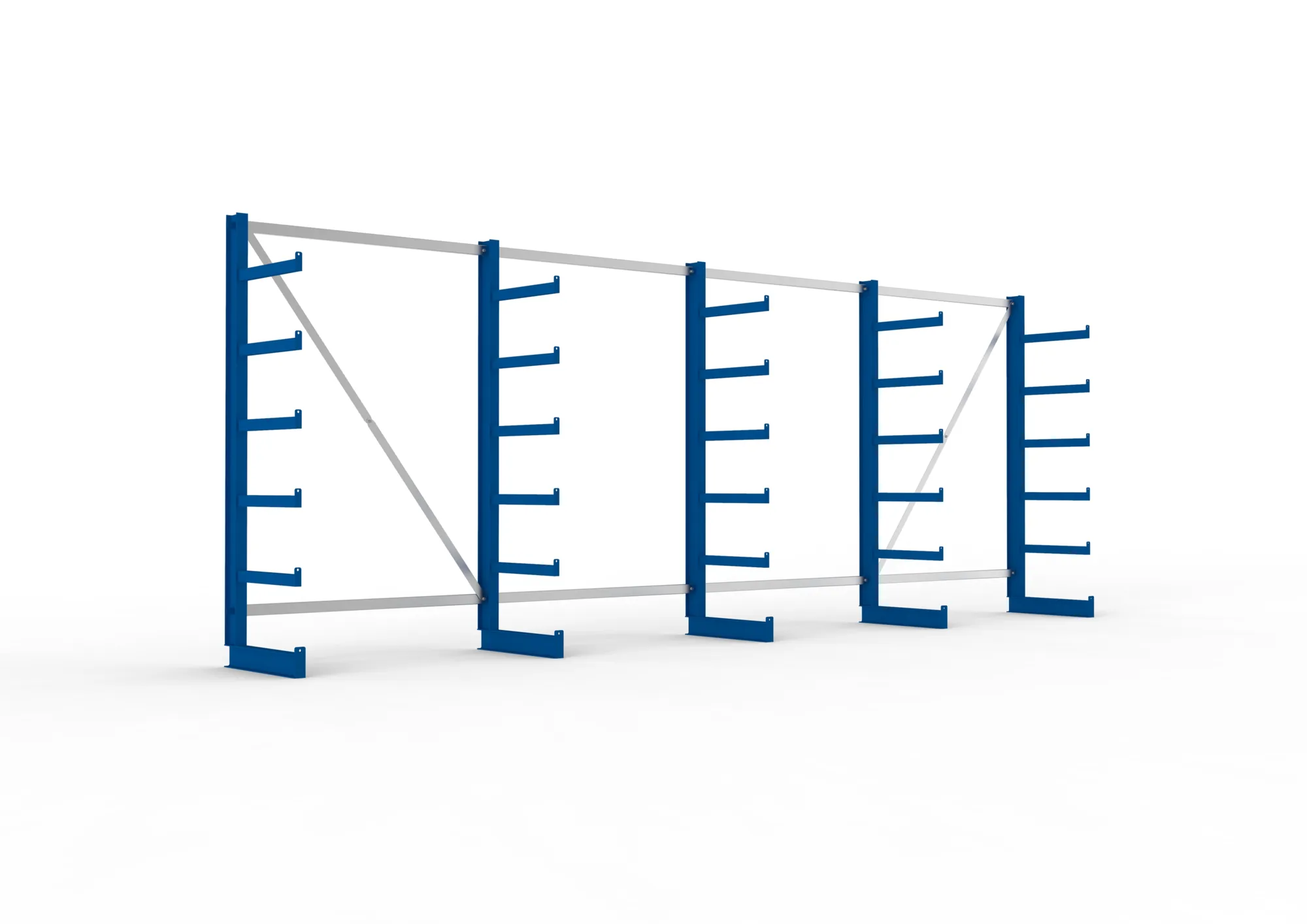 META ATLAS ST | Kragarmregal | 4 Felder | 2000 x 5400 x 500 mm | Armlast 200 kg | einseitig | 5+1 Ebenen | RAL 5010
