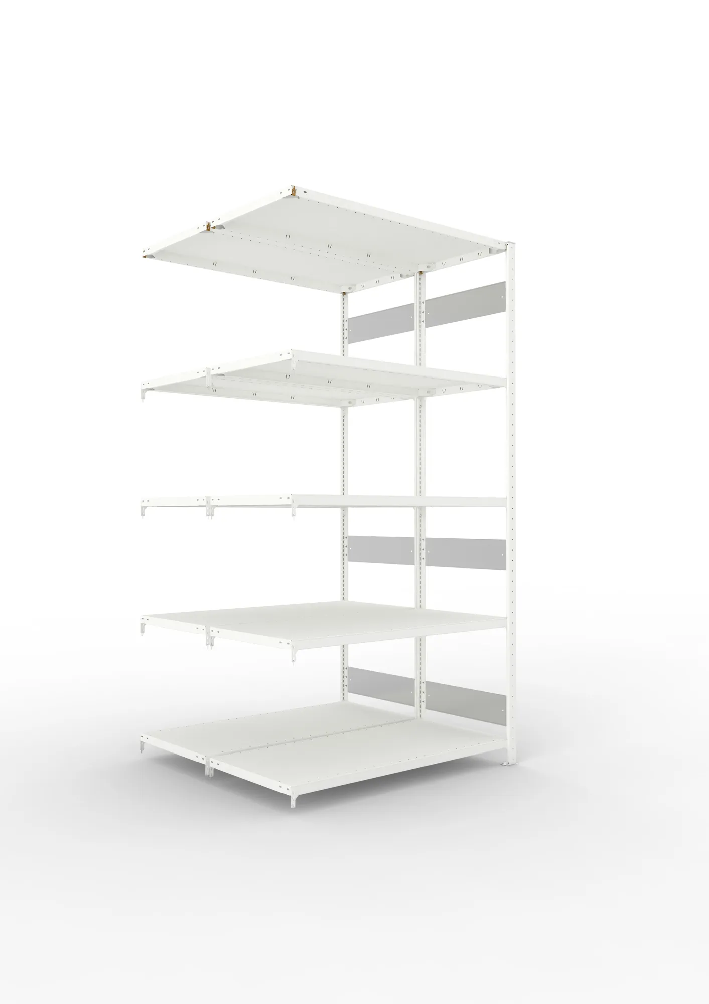 META CLIP S3 | Fachbodenregal | Doppel-Anbauregal | 2500 x 1300 x 600 mm | Fachlast 230 kg | 4+1 Ebenen | Längsriegel | RAL 7035