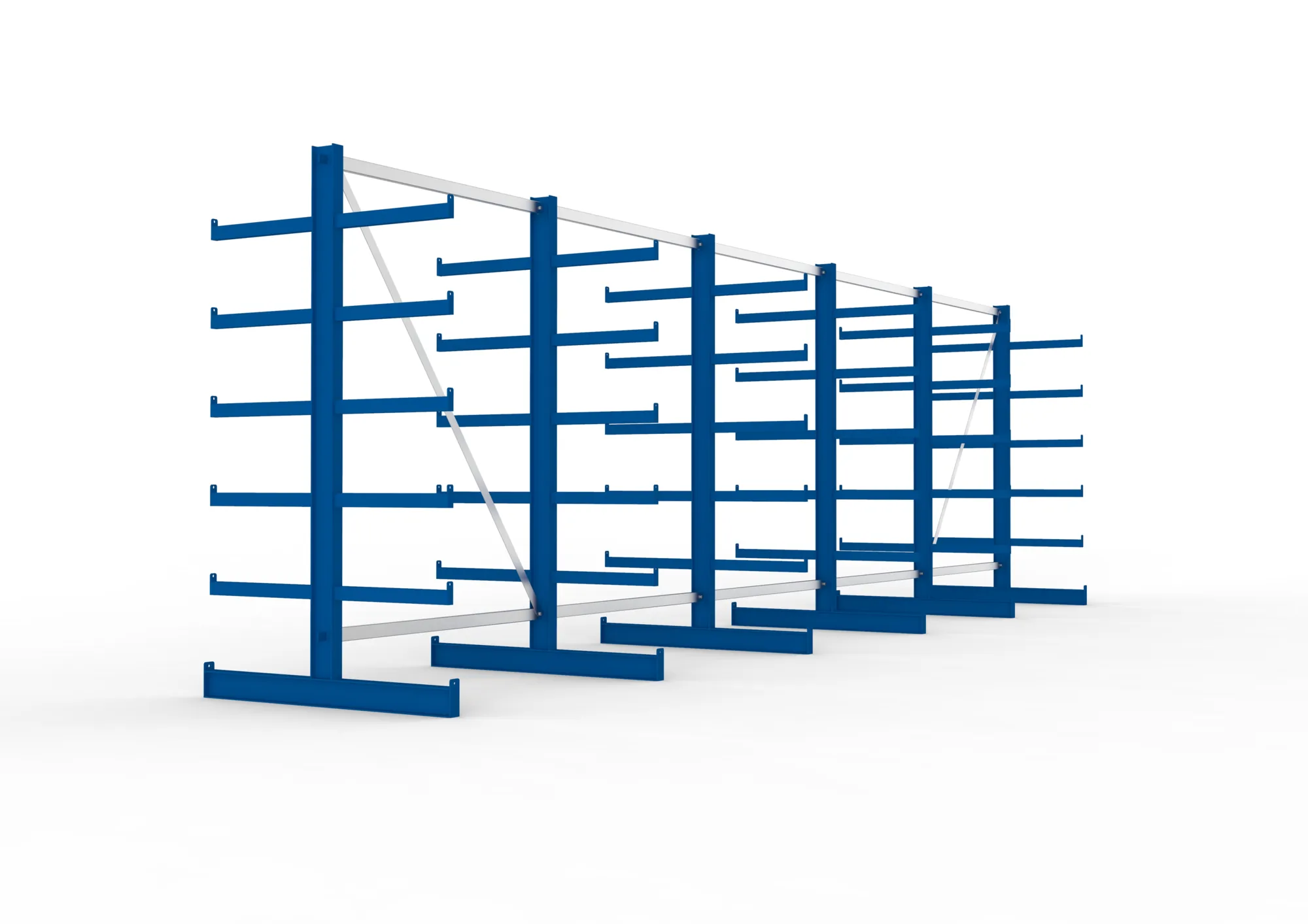 META ATLAS ST | Kragarmregal | 5 Felder | 2000 x 6750 x 500 mm | Armlast 200 kg | doppelseitig | 5+1 Ebenen | RAL 5010