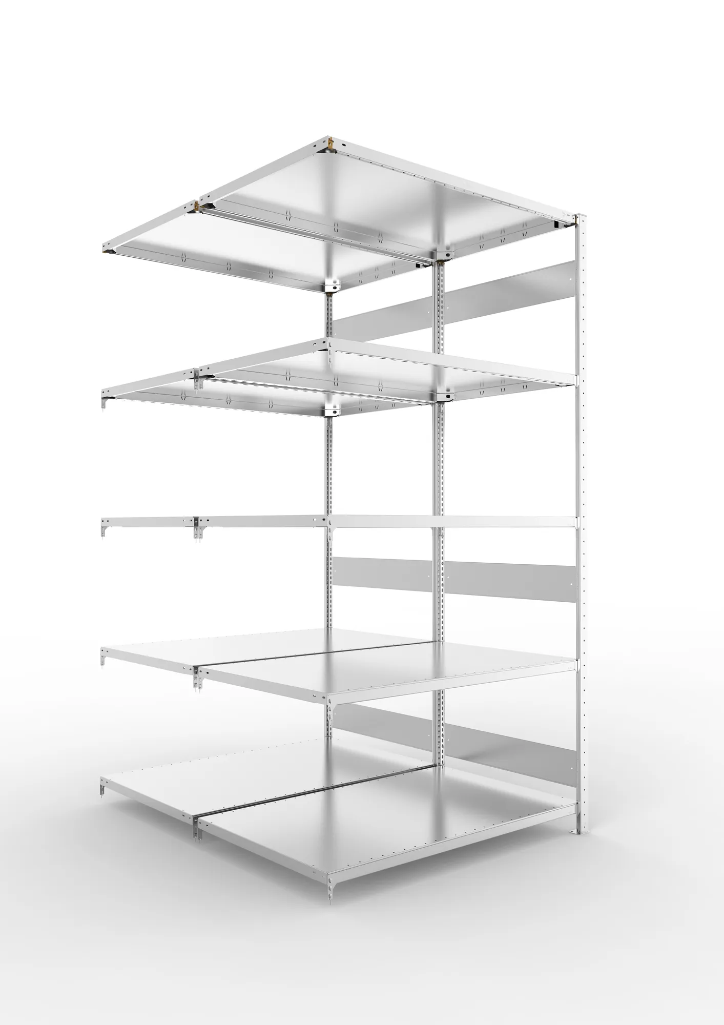 META CLIP S3 | Fachbodenregal | Doppel-Anbauregal | 2500 x 1300 x 800 mm | Fachlast 230 kg | 4+1 Ebenen | Längsriegel | verzinkt