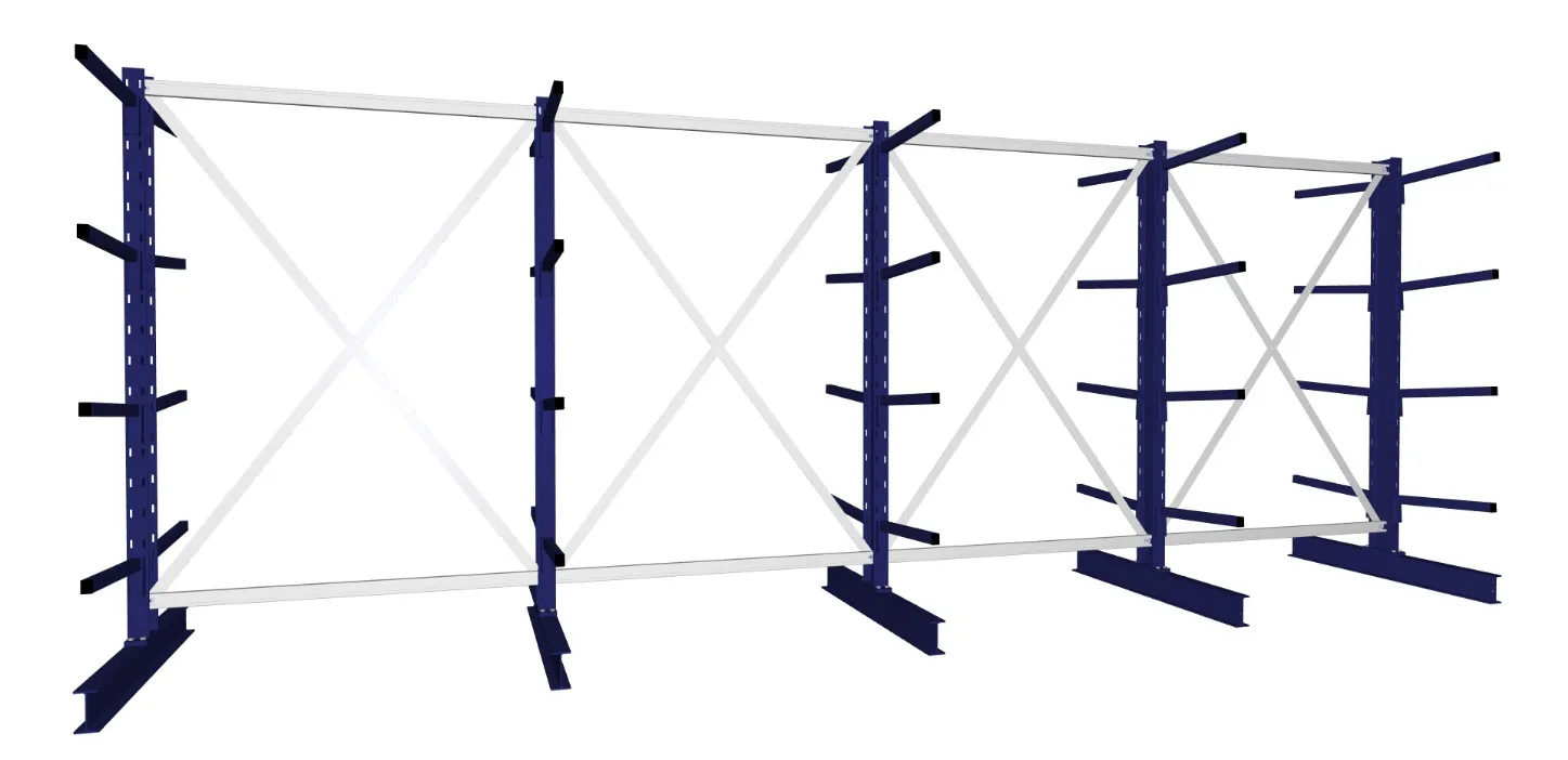 META MULTISTRONG L | Kragarmregal | 4 Felder | 2000 x 5200 x 600 mm | Armlast 140 kg | doppelseitig | 4+1 Ebenen