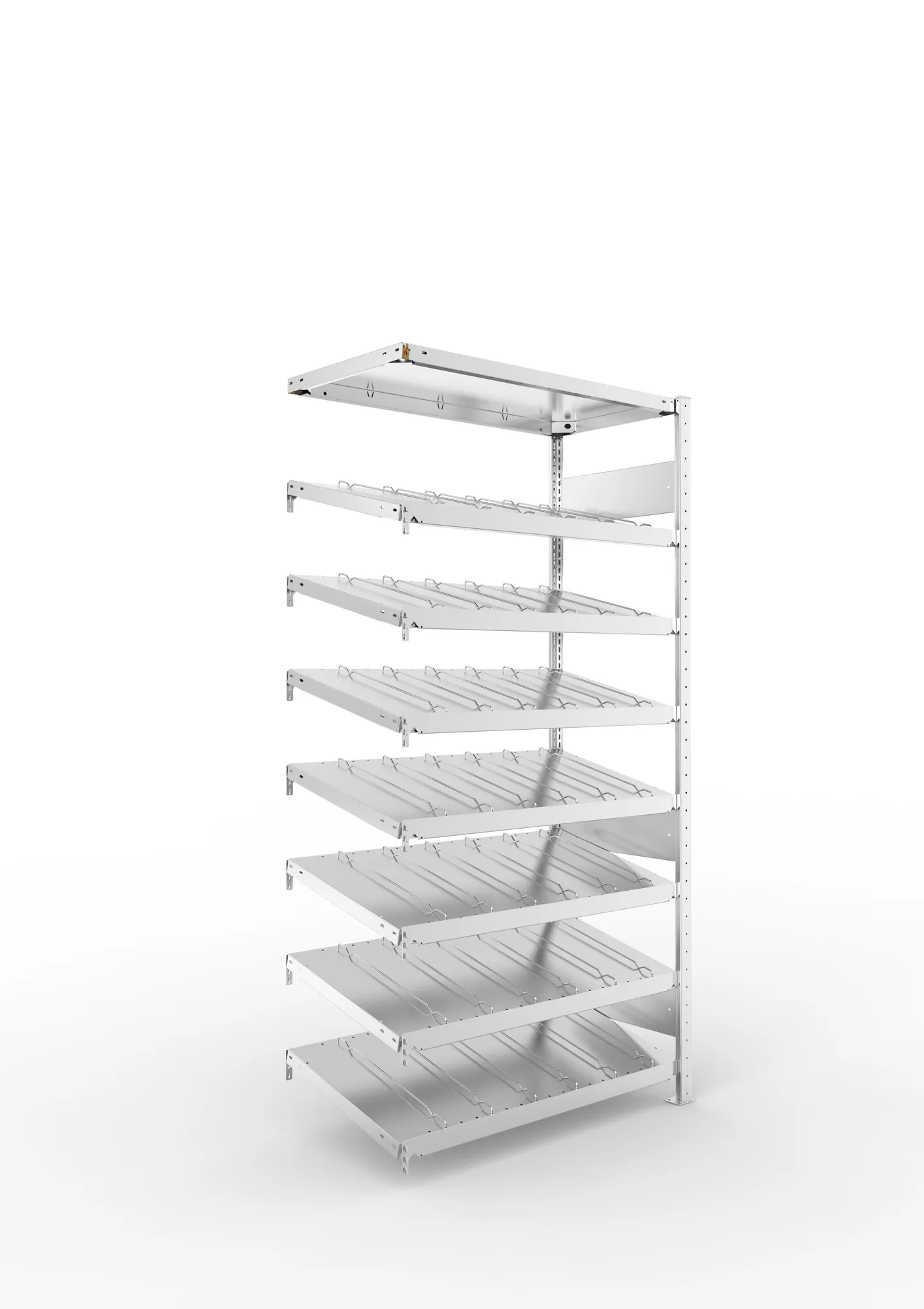 META CLIP S3 | Schrägbodenregal | Anbauregal | 2000 x 1000 x 500 mm | Fachlast 230 kg | 7+1 Ebenen | verzinkt