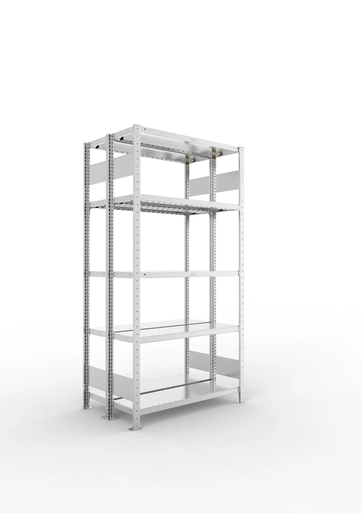 META CLIP S3 | Fachbodenregal | Doppel-Grundregal | 2000 x 1000 x 300 mm | Fachlast 230 kg | 4+1 Ebenen | Längsriegel | verzinkt