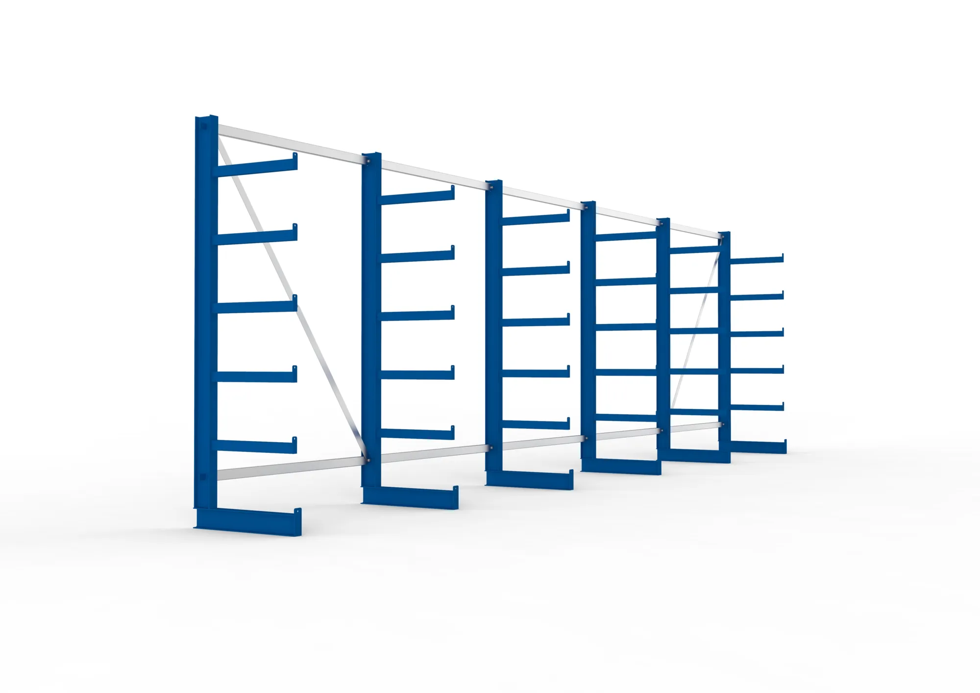 META ATLAS ST | Kragarmregal | 5 Felder | 2000 x 6750 x 500 mm | Armlast 200 kg | einseitig | 5+1 Ebenen | RAL 5010