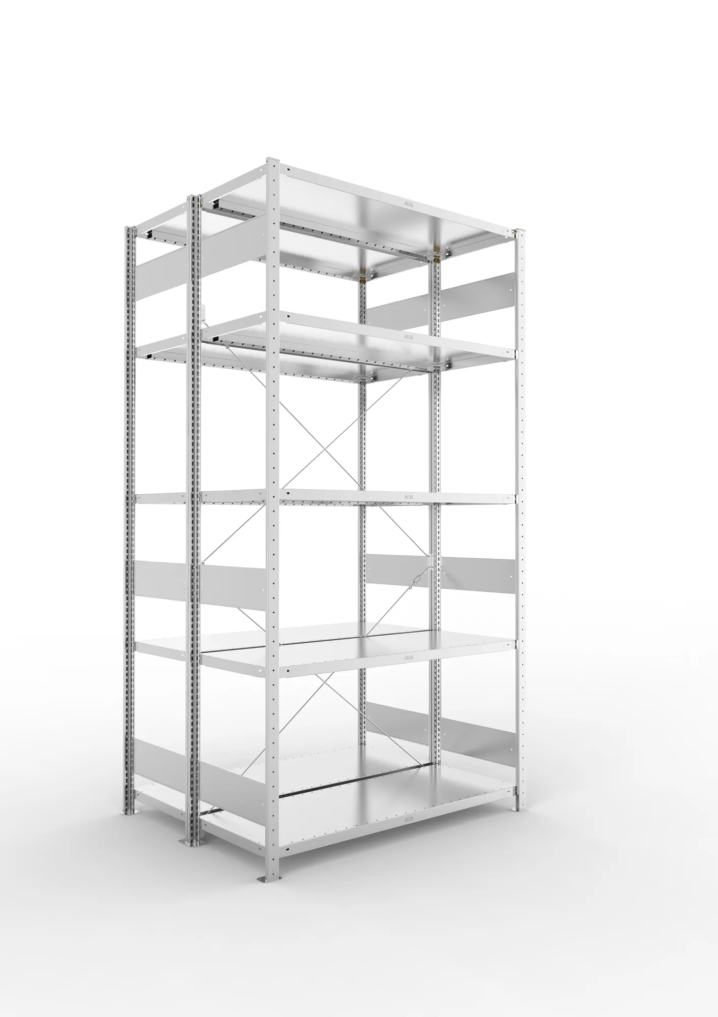 META CLIP S3 | Fachbodenregal | Doppel-Grundregal | 2500 x 1300 x 500 mm | Fachlast 230 kg | 4+1 Ebenen | verzinkt