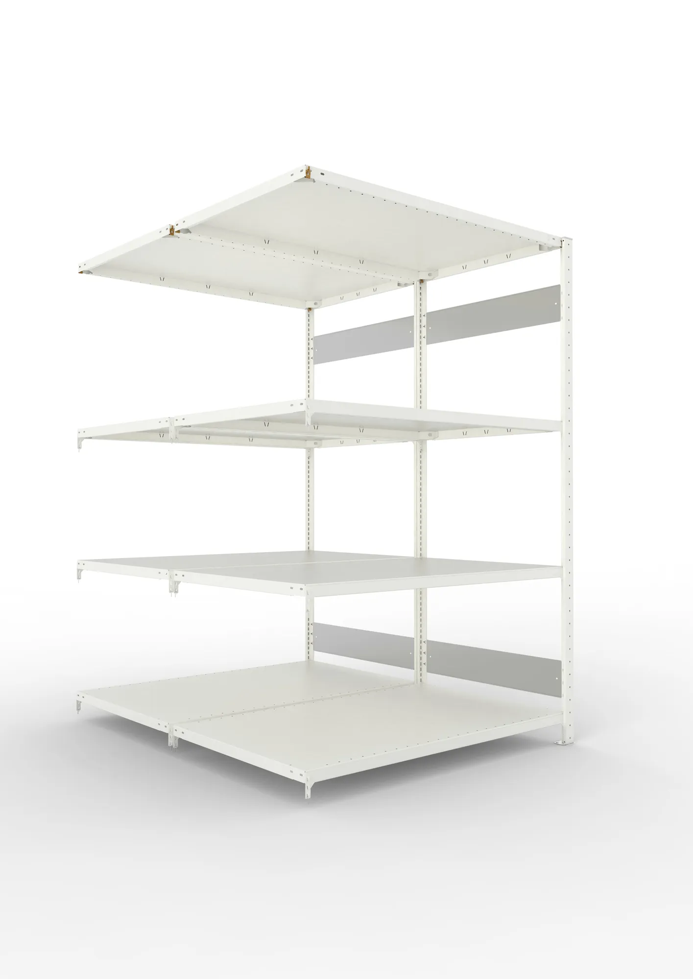 META CLIP S3 | Fachbodenregal | Doppel-Anbauregal | 2000 x 1300 x 800 mm | Fachlast 230 kg | 3+1 Ebenen | Längsriegel | RAL 7035