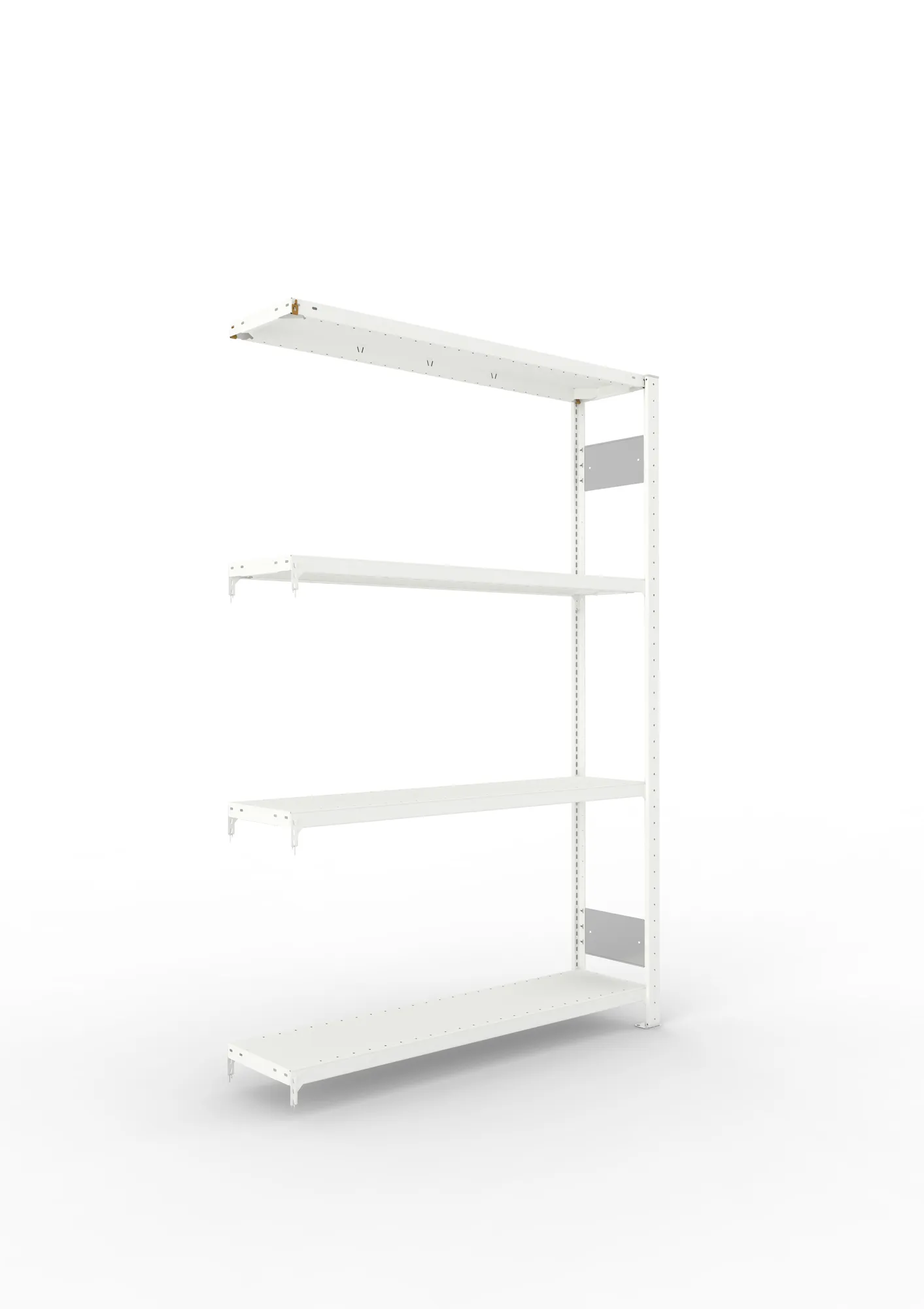 META CLIP S3 | Fachbodenregal | Anbauregal | 2000 x 1300 x 300 mm | Fachlast 230 kg | 3+1 Ebenen | Längsriegel | RAL 7035