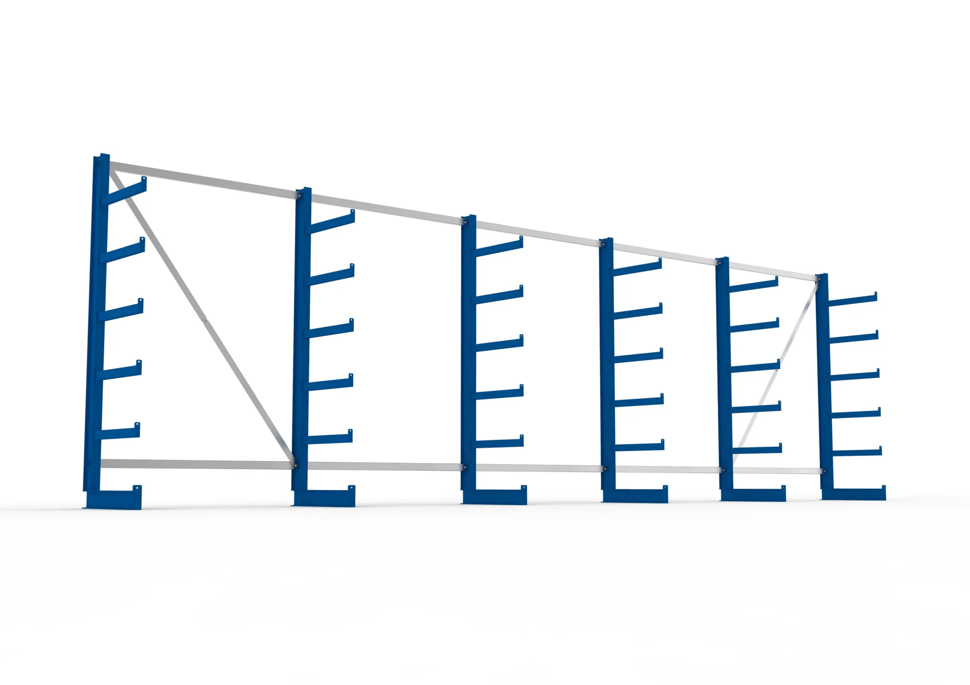 META ATLAS ST | Kragarmregal | 5 Felder | 2000 x 6750 x 500 mm | Armlast 200 kg | einseitig | 5+1 Ebenen | RAL 5010