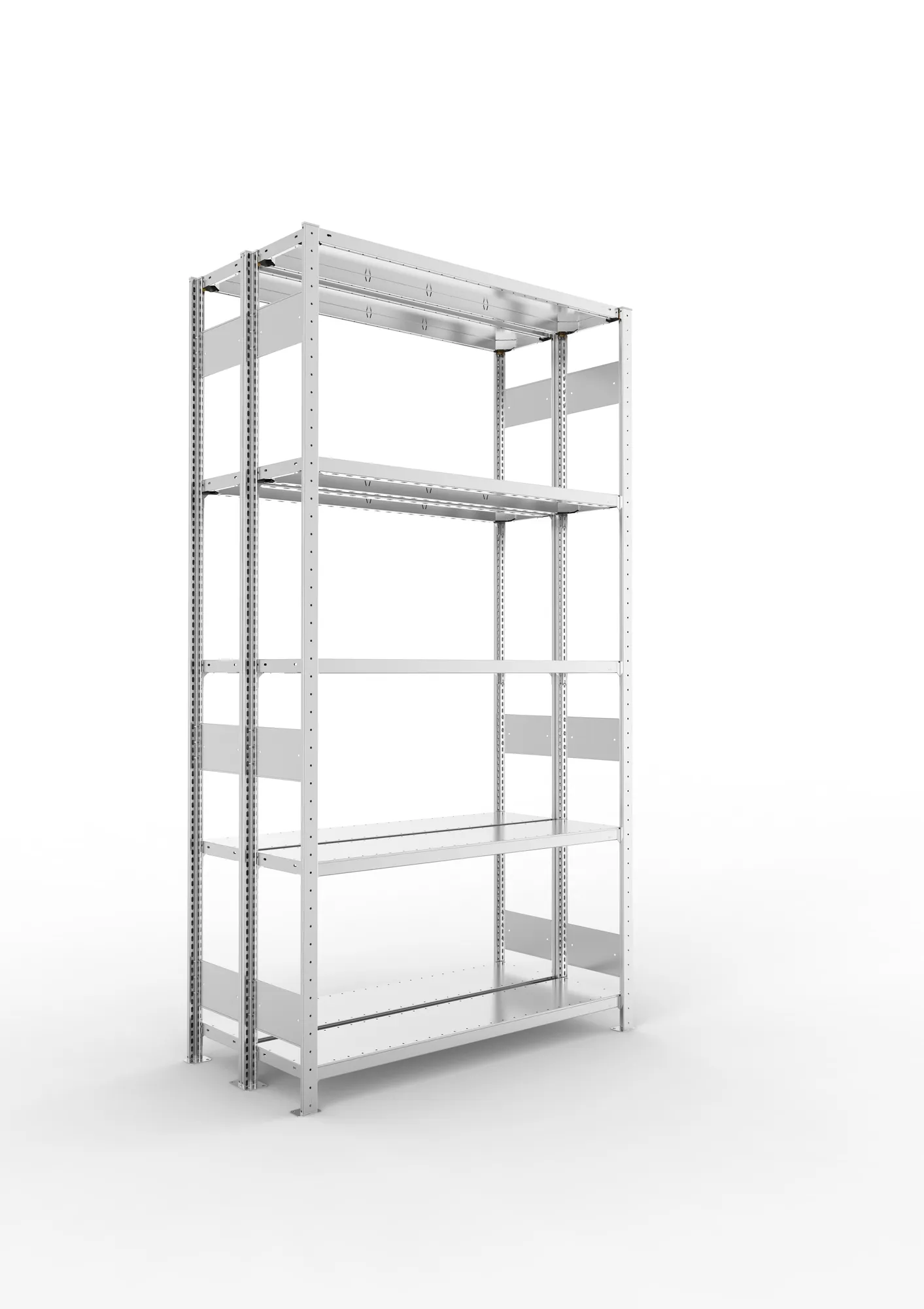 META CLIP S3 | Fachbodenregal | Doppel-Grundregal | 2500 x 1300 x 300 mm | Fachlast 230 kg | 4+1 Ebenen | Längsriegel | verzinkt