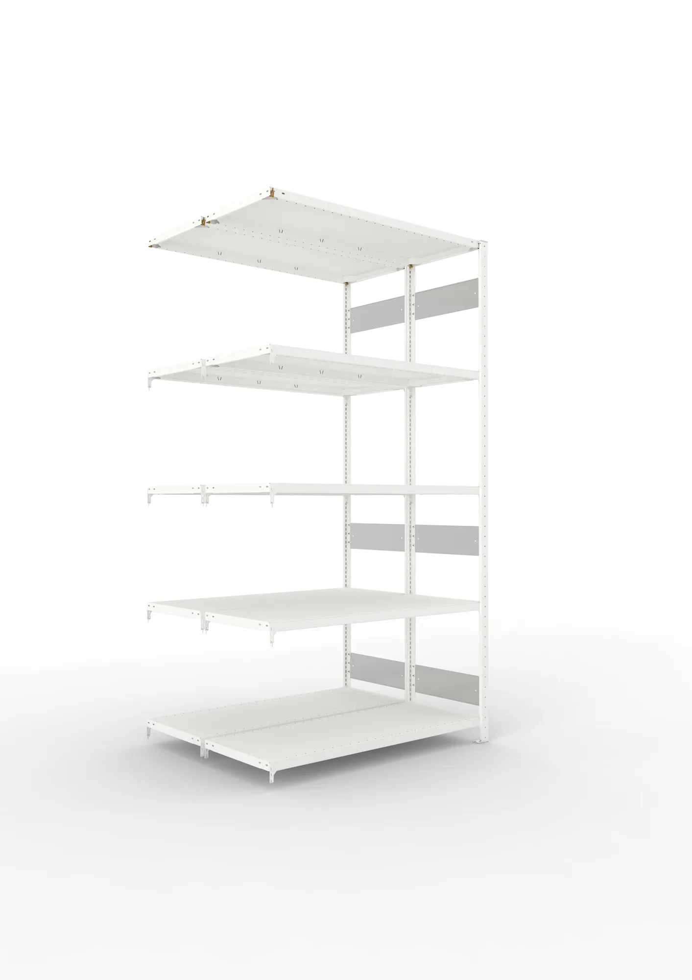 META CLIP S3 | Fachbodenregal | Doppel-Anbauregal | 2500 x 1300 x 500 mm | Fachlast 230 kg | 4+1 Ebenen | Längsriegel | RAL 7035