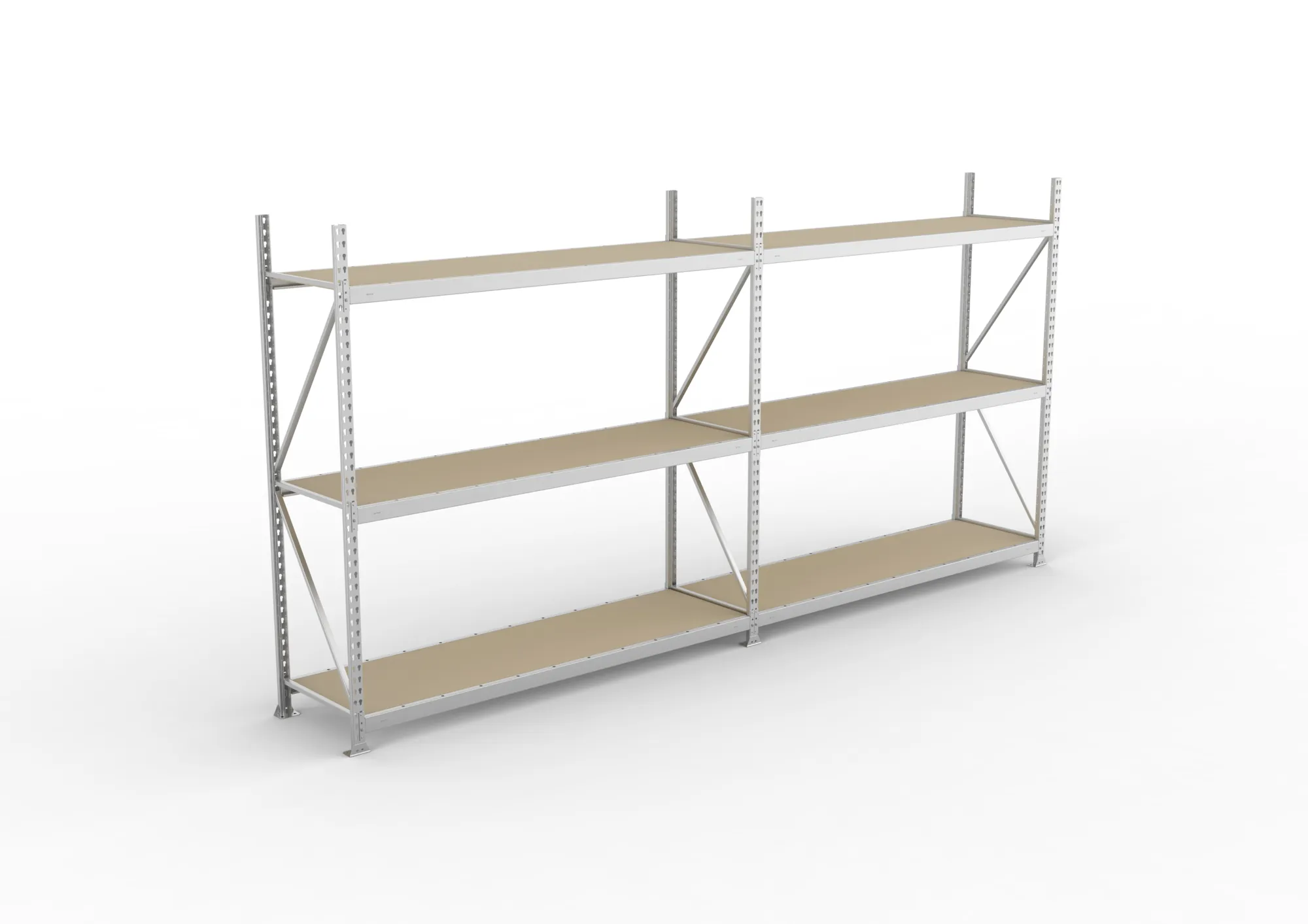 META MINI-RACK Weitspannregal | 2 Felder | 2200 x 3600 x 650 mm | Fachlast 600 kg | Spanplattenböden | 3 Ebenen