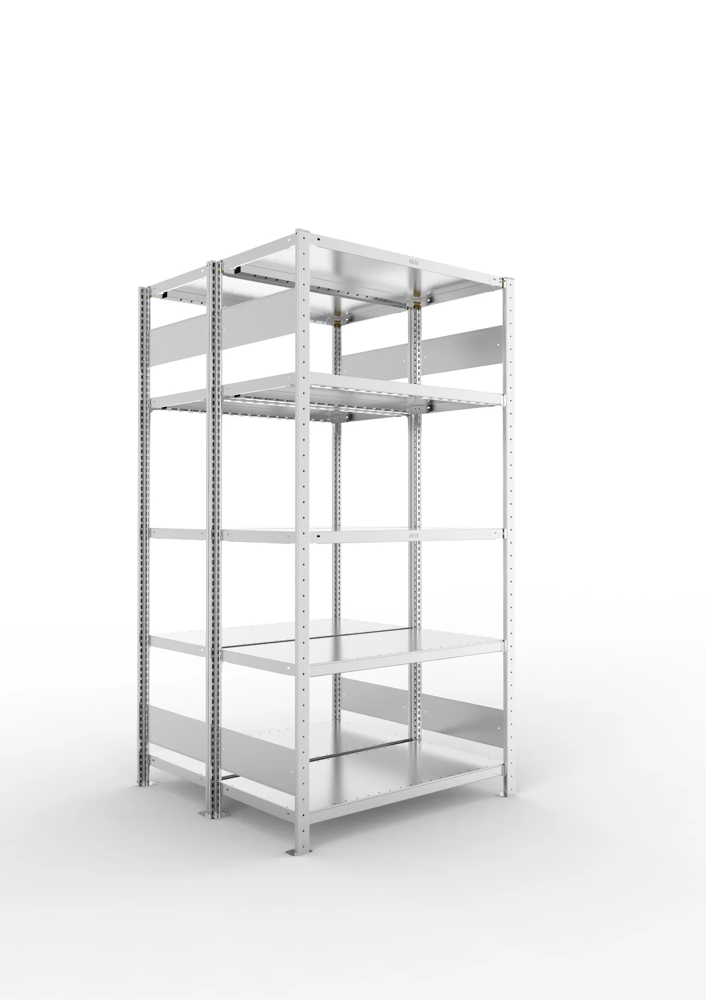 META CLIP S3 | Fachbodenregal | Doppel-Grundregal | 2000 x 1000 x 500 mm | Fachlast 230 kg | 4+1 Ebenen | Längsriegel | verzinkt