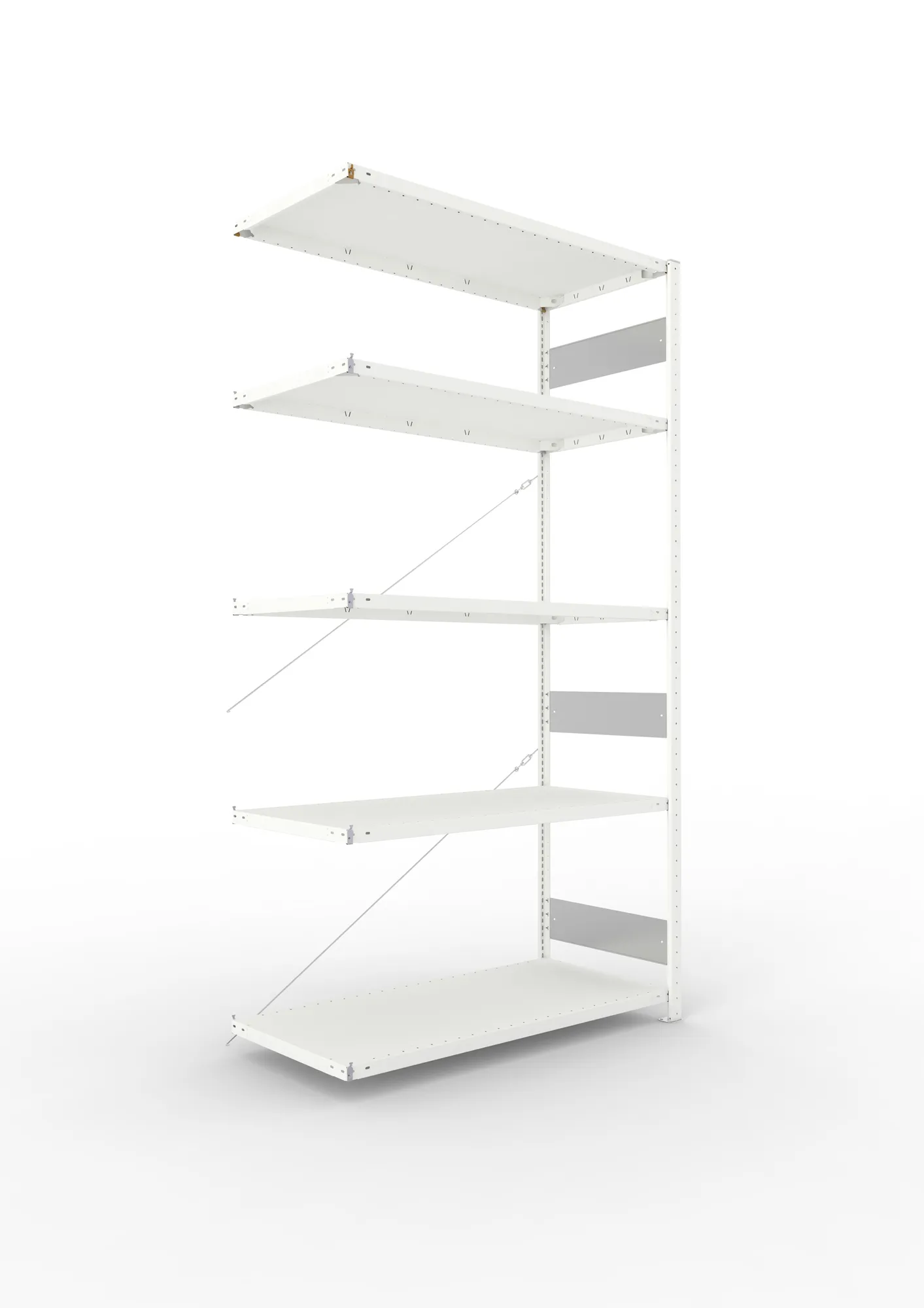 META CLIP S3 | Fachbodenregal | Anbauregal | 2500 x 1300 x 600 mm | Fachlast 230 kg | 4+1 Ebenen | RAL 7035
