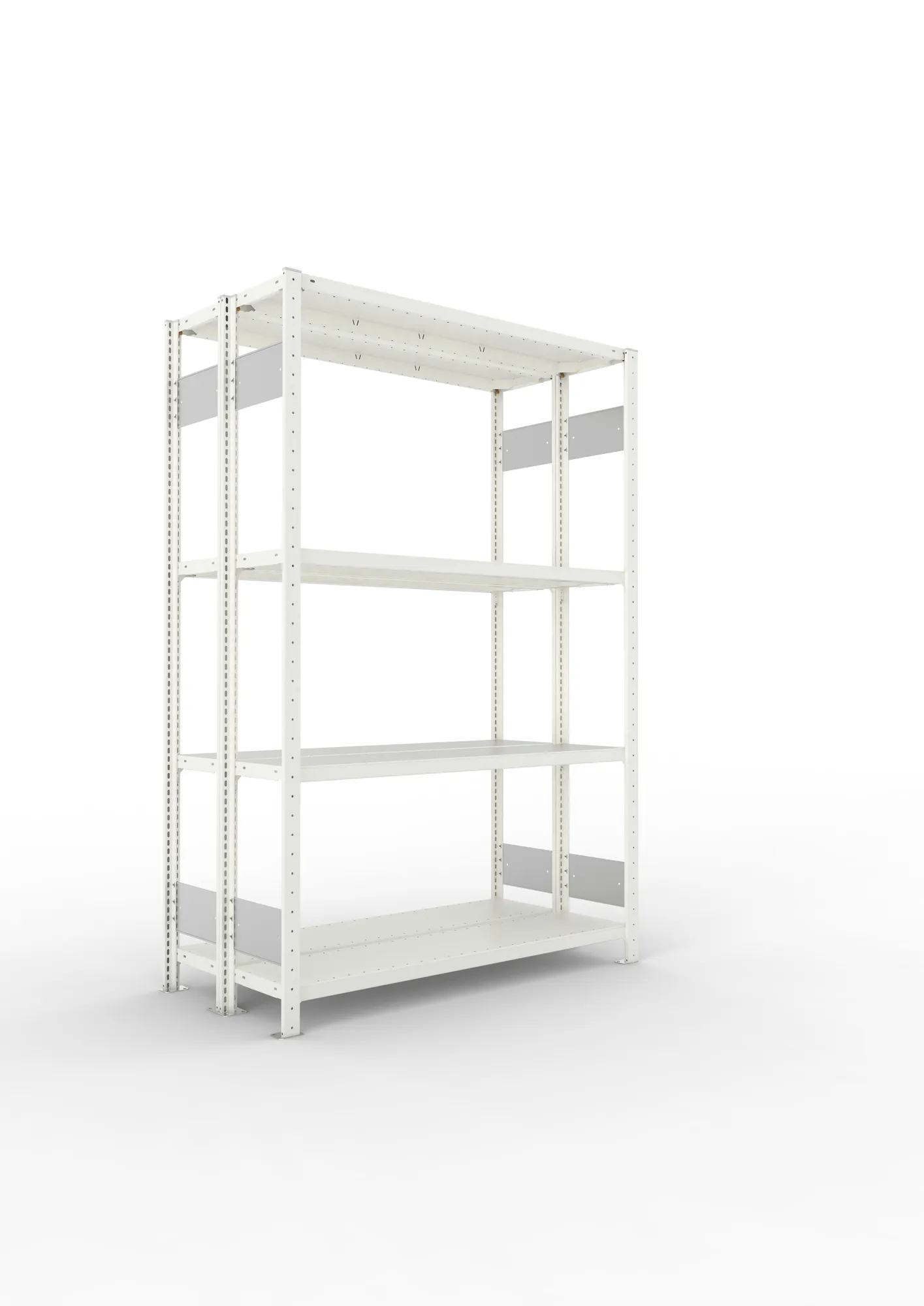 META CLIP S3 | Fachbodenregal | Doppel-Grundregal | 2000 x 1300 x 300 mm | Fachlast 230 kg | 3+1 Ebenen | Längsriegel | RAL 7035