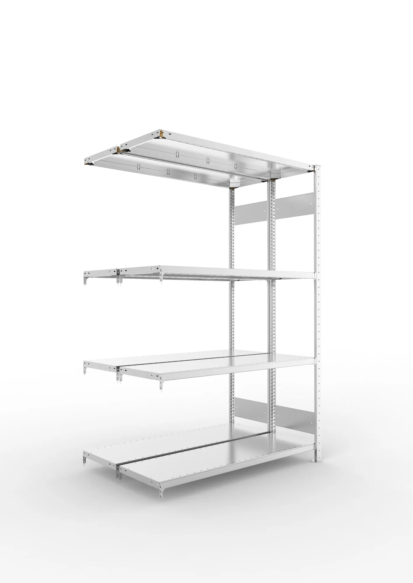 META CLIP S3 | Fachbodenregal | Doppel-Anbauregal | 2000 x 1300 x 400 mm | Fachlast 230 kg | 3+1 Ebenen | Längsriegel | verzinkt