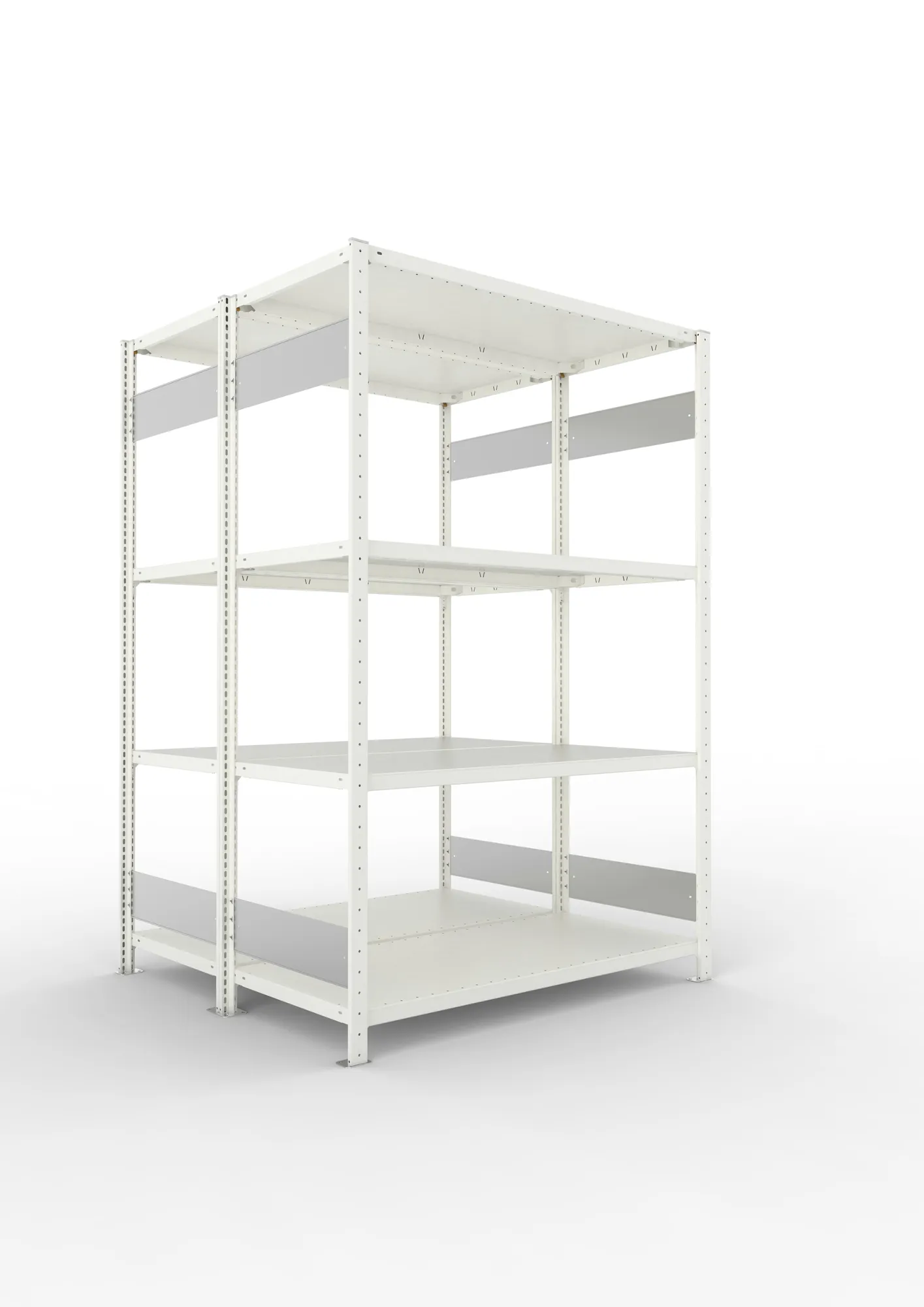 META CLIP S3 | Fachbodenregal | Doppel-Grundregal | 2000 x 1300 x 600 mm | Fachlast 230 kg | 3+1 Ebenen | Längsriegel | RAL 7035