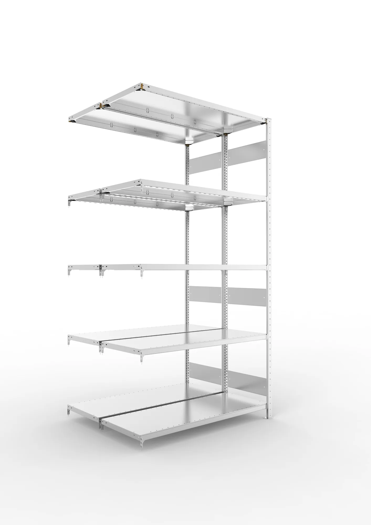 META CLIP S3 | Fachbodenregal | Doppel-Anbauregal | 2500 x 1300 x 500 mm | Fachlast 230 kg | 4+1 Ebenen | Längsriegel | verzinkt