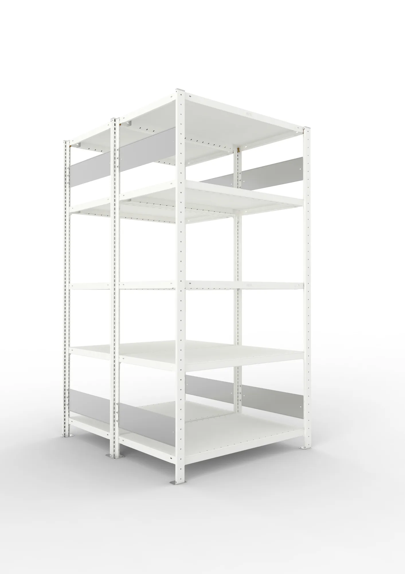 META CLIP S3 | Fachbodenregal | Doppel-Grundregal | 2000 x 1000 x 600 mm | Fachlast 230 kg | 4+1 Ebenen | Längsriegel | RAL 7035