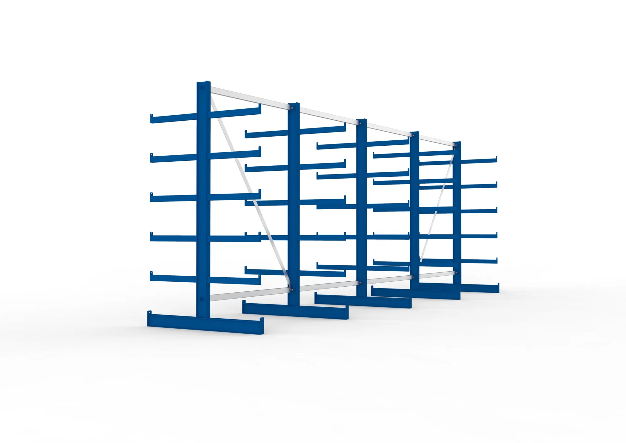 META ATLAS ST | Kragarmregal | 4 Felder | 2000 x 5400 x 500 mm | Armlast 200 kg | doppelseitig | 5+1 Ebenen | RAL 5010