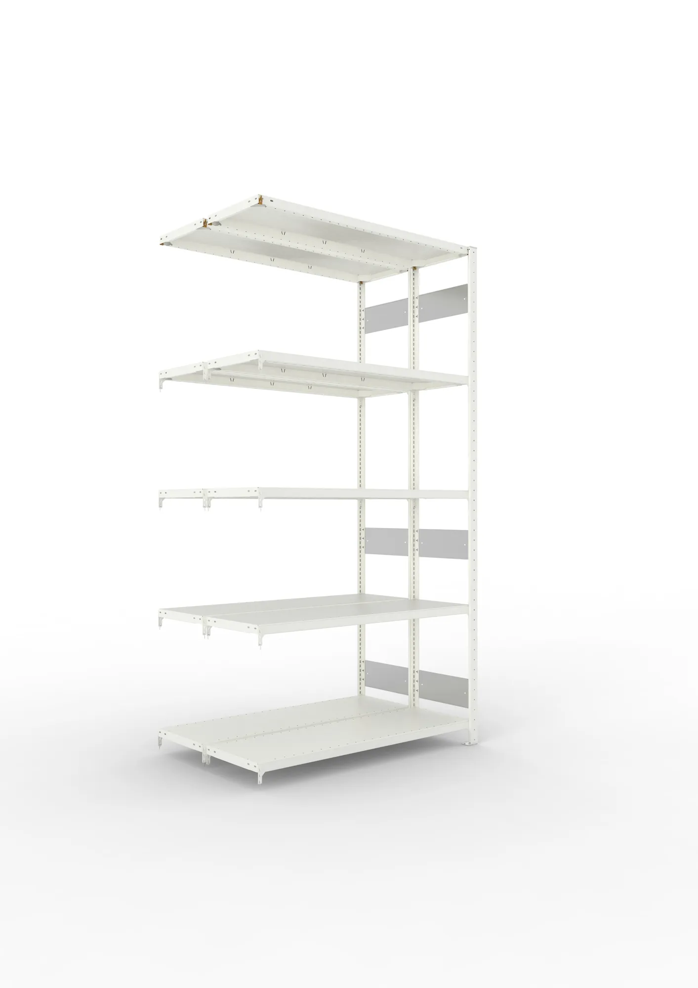META CLIP S3 | Fachbodenregal | Doppel-Anbauregal | 2500 x 1300 x 400 mm | Fachlast 230 kg | 4+1 Ebenen | Längsriegel | RAL 7035