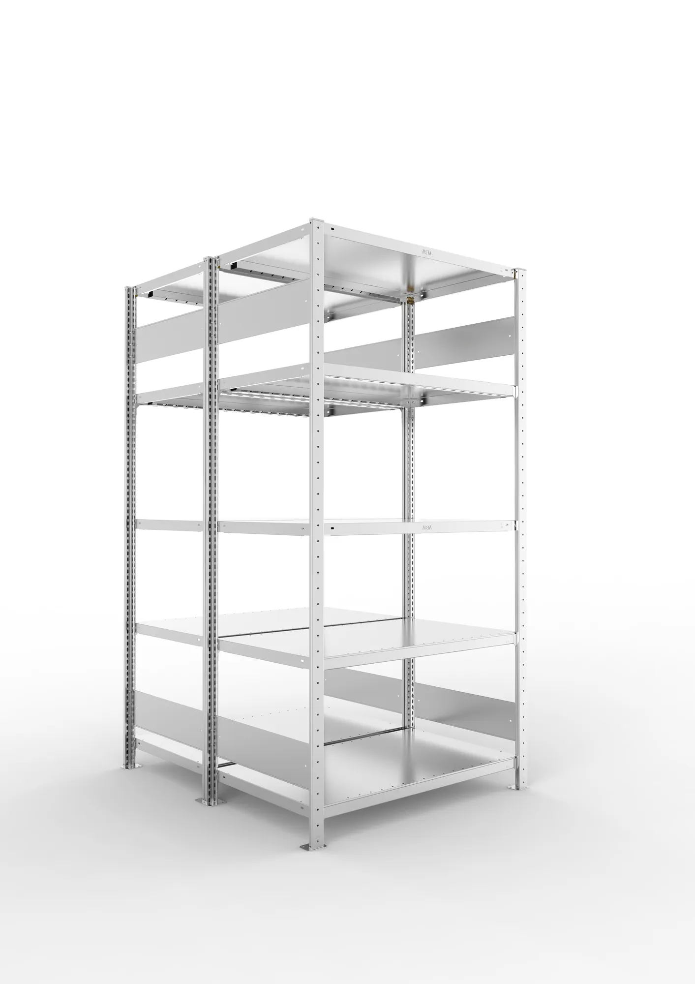 META CLIP S3 | Fachbodenregal | Doppel-Grundregal | 2000 x 1000 x 600 mm | Fachlast 230 kg | 4+1 Ebenen | Längsriegel | verzinkt