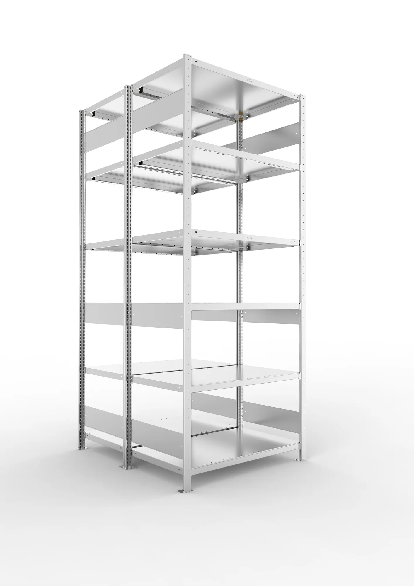 META CLIP S3 | Fachbodenregal | Doppel-Grundregal | 2500 x 1000 x 600 mm | Fachlast 230 kg | 5+1 Ebenen | Längsriegel | verzinkt
