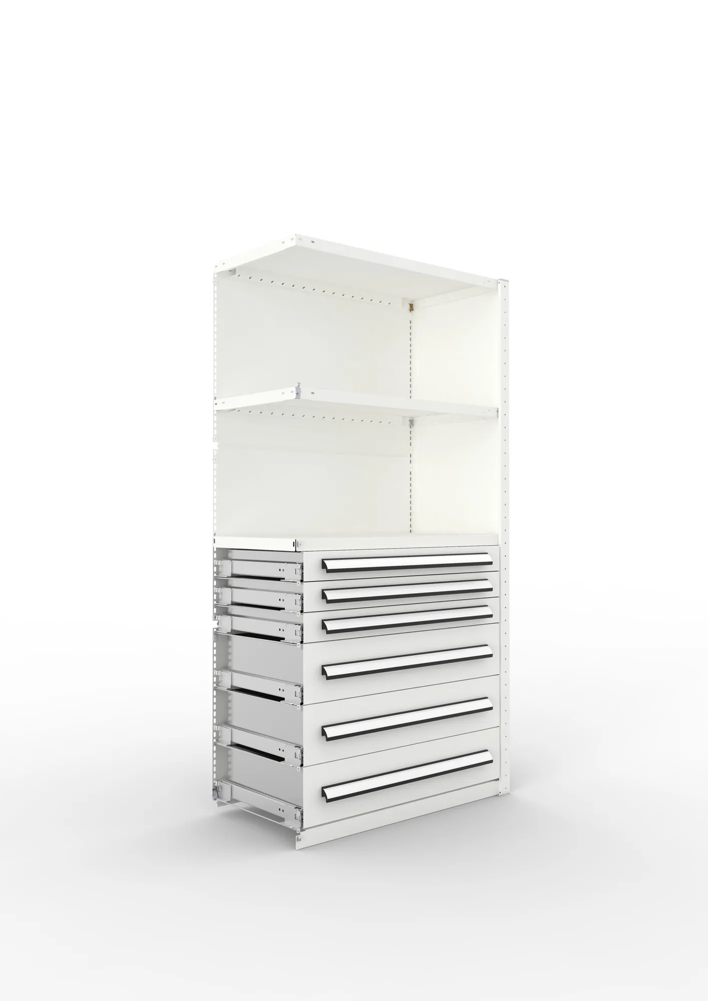 META CLIP | Schrankmodul | Anbauregal | Variante 4 | 2000 x 1000 x 500 mm | Schubladen untere Hälfte | RAL 7035