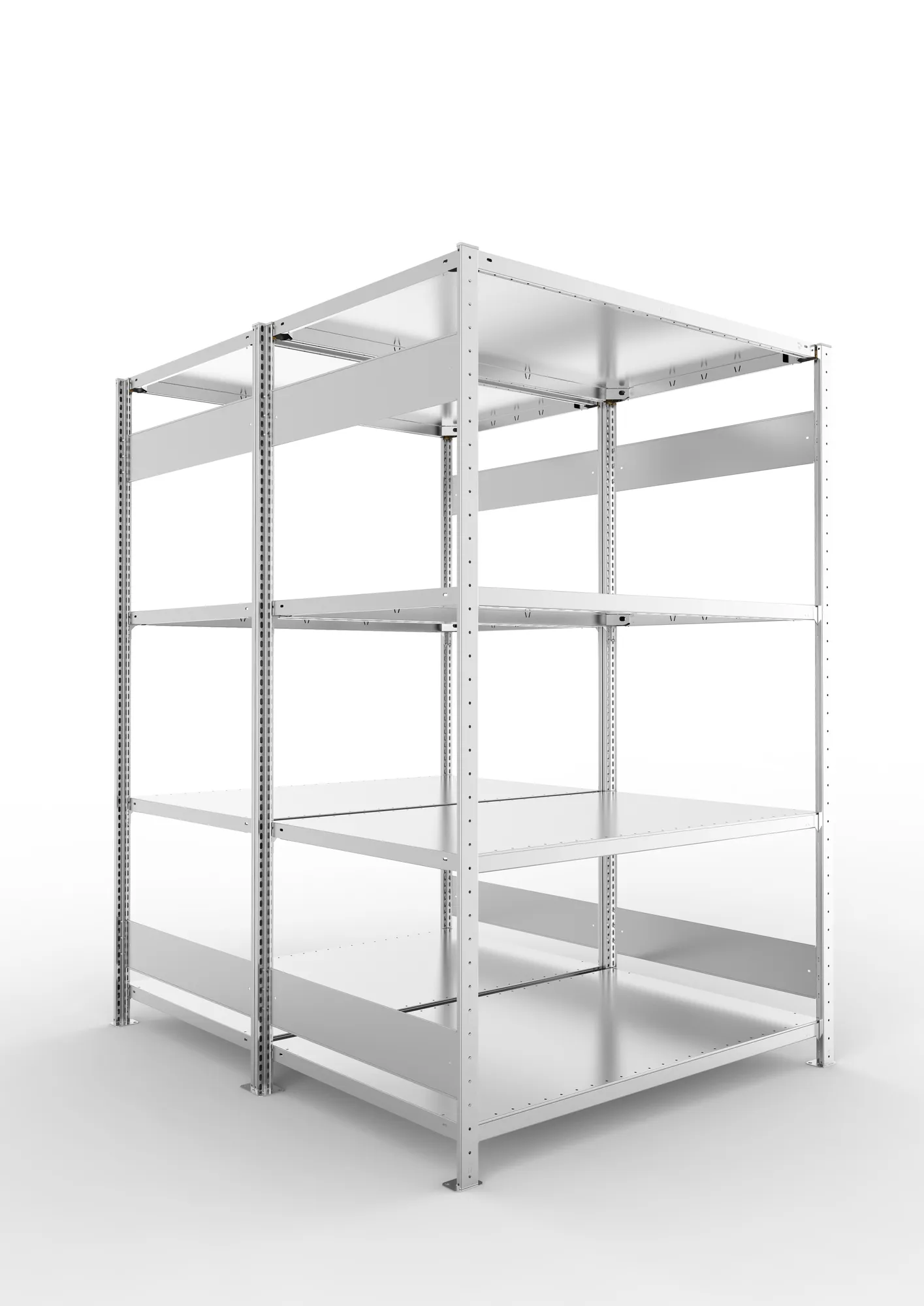 META CLIP S3 | Fachbodenregal | Doppel-Grundregal | 2000 x 1300 x 800 mm | Fachlast 230 kg | 3+1 Ebenen | Längsriegel | verzinkt
