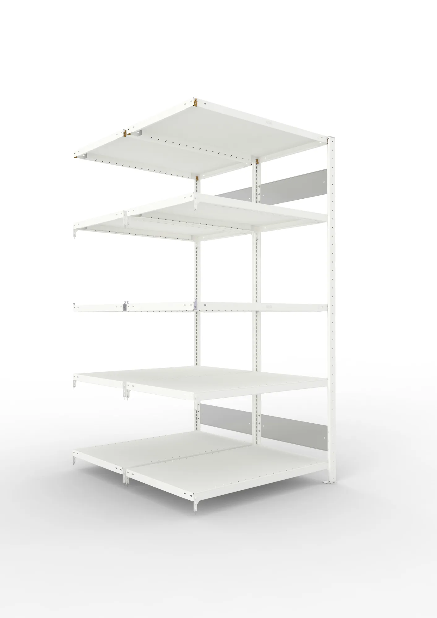 META CLIP S3 | Fachbodenregal | Doppel-Anbauregal | 2000 x 1000 x 600 mm | Fachlast 230 kg | 4+1 Ebenen | Längsriegel | RAL 7035